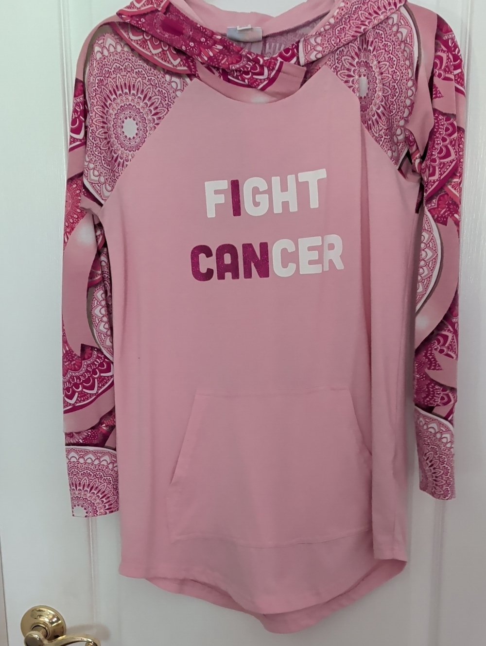 LuLaRoe Amber Pink Graphic Hoodie Dress with Patterned Trim SzS
